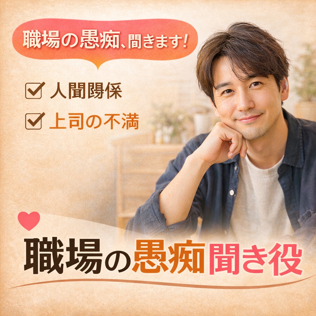 今すぐ話したい！上司・職場の人間関係、話を聞きます 自営業・会社員どちらも経験した私に何でも打ち明けて下さい。 イメージ1