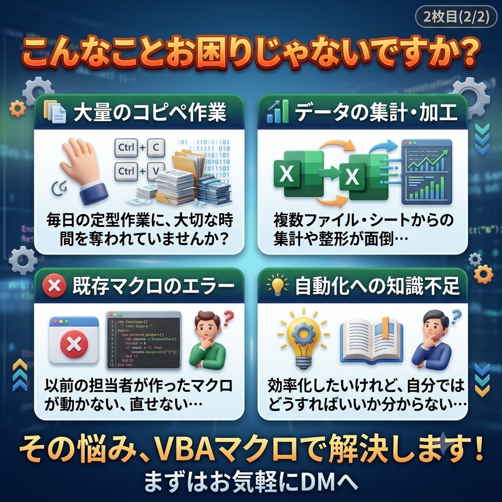 Excelマクロ・VBAで面倒な業務を自動化します 壊れにくく・引継ぎやすい品質！丸投げ・ざっくりご相談も大歓迎 イメージ2