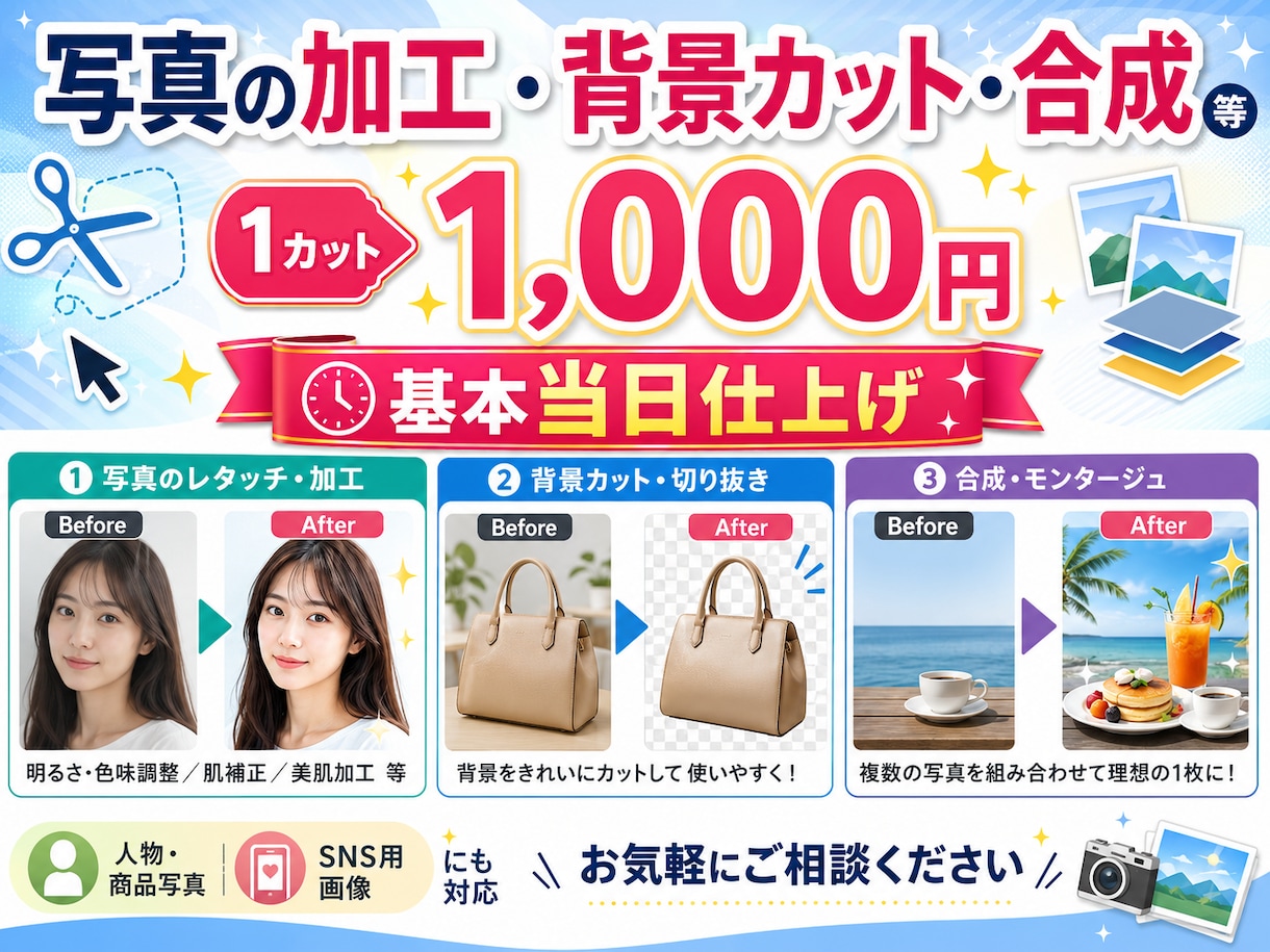 1カットOK！写真加工・背景カット・合成しますます 一つ一つの作品を丁寧に作業する事を心がけています。 イメージ1