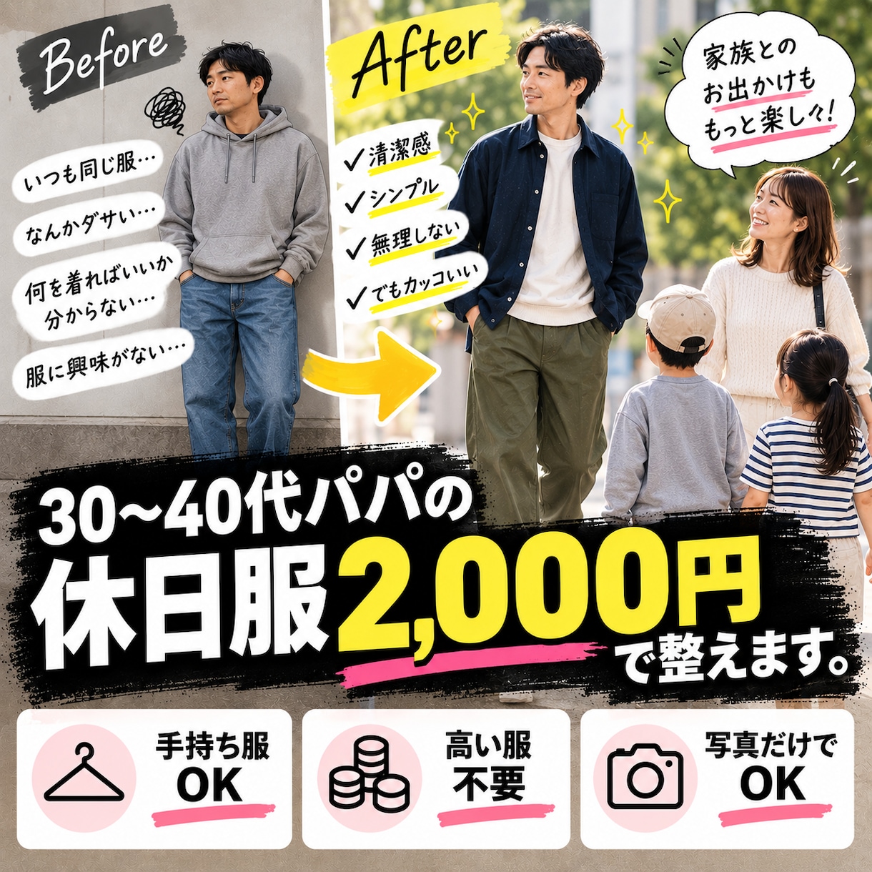 30〜40代パパの休日服を提案します 服選びが苦手なパパも安心。手持ち服で休日コーデをご提案 イメージ1