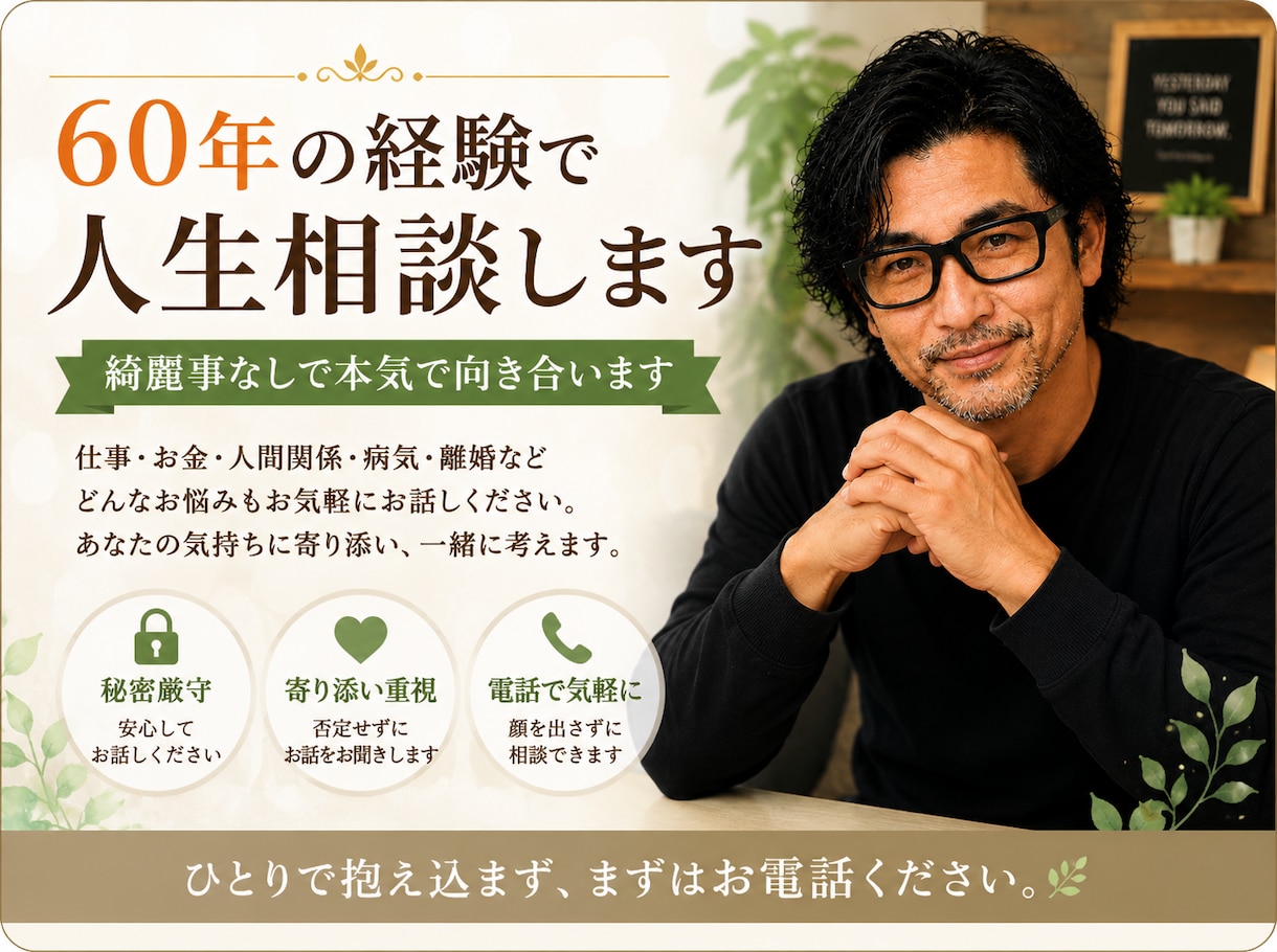 ６０年の経験で人生相談します ６０年の人生経験。綺麗事なしで本気で向き合います イメージ1