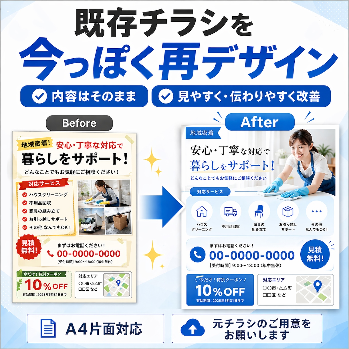 既存チラシの見せ方を改善します 今あるチラシを、伝わりやすく今っぽい見た目に整えます イメージ1