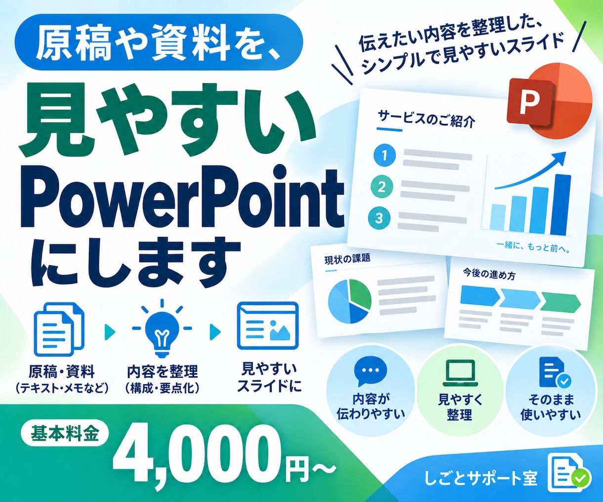 原稿や資料を、見やすいPowerPointにします 伝えたい内容を整理して、見やすいスライドに整えます イメージ1