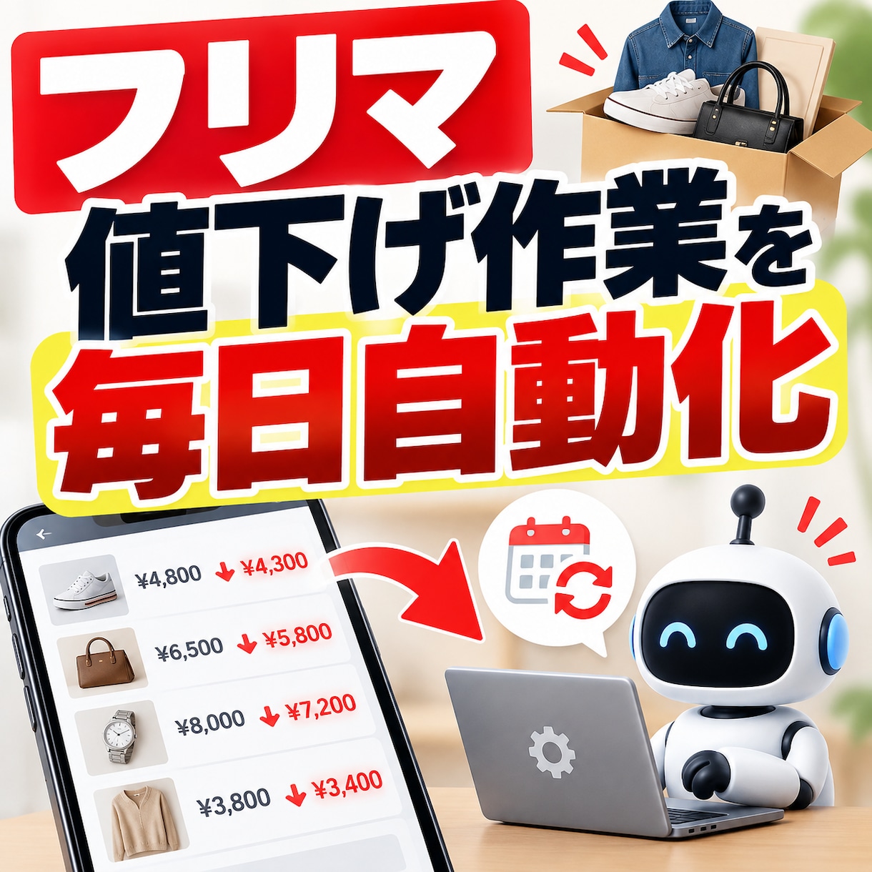 フリマ出品の値下げ作業を自動化しますます 下限価格を決めるだけ。毎日の値下げ作業が自動になります イメージ1