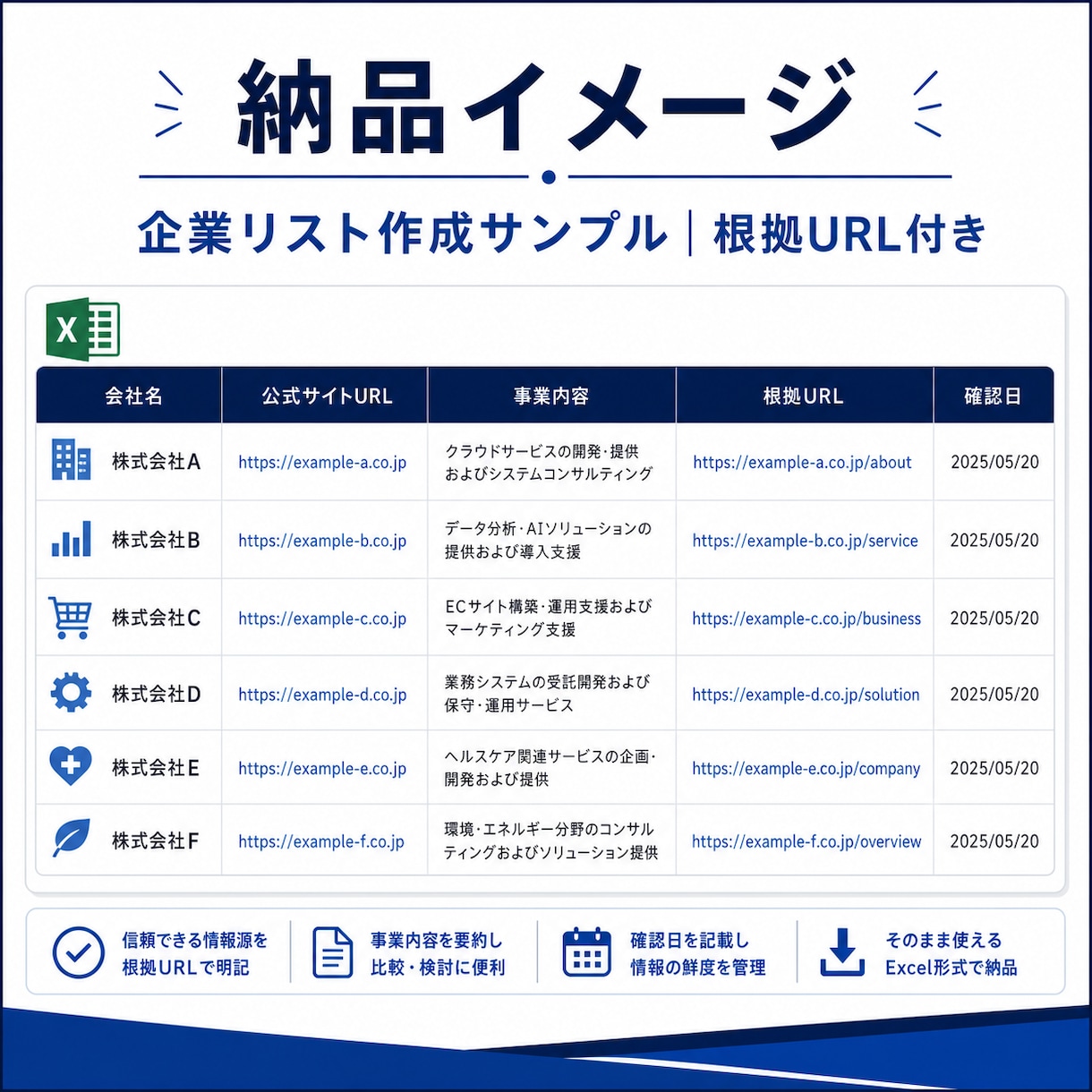営業リストを根拠URL付きで作成します 公式サイトを確認し、Excelで使いやすく納品 イメージ3