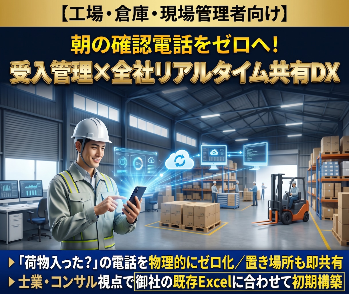 受け入れ確認電話をゼロへ！ムダな電話なくします レ点1つで全社即時共有！置き場所可視化＆既存データ対応込み イメージ1