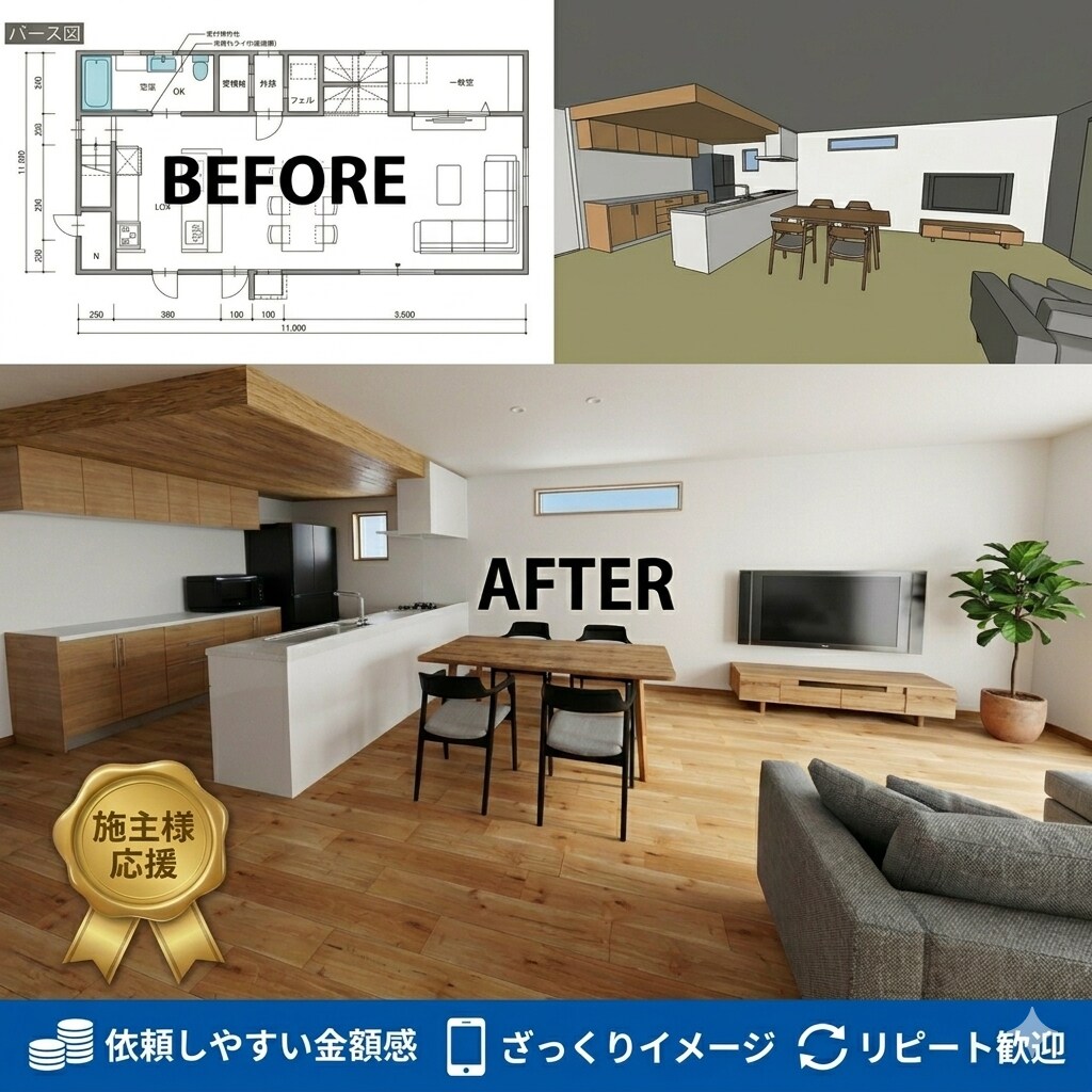 3Dパース作成で間取りのモヤモヤ・不安を解消します 「本当にこの間取りで大丈夫？」を今すぐ安心に変えます。 イメージ3