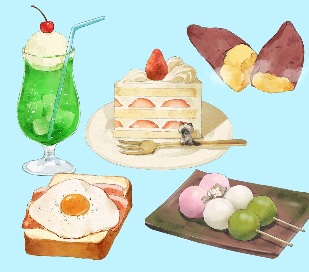柔らかい水彩画風の食べ物イラスト描きます アイコンやメニュー表に使える食べ物イラストが欲しい方に イメージ1