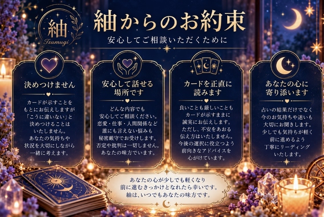 タロットで今のお悩みを丁寧に読み解きます 恋愛・仕事・人間関係など心を込めて鑑定します イメージ4