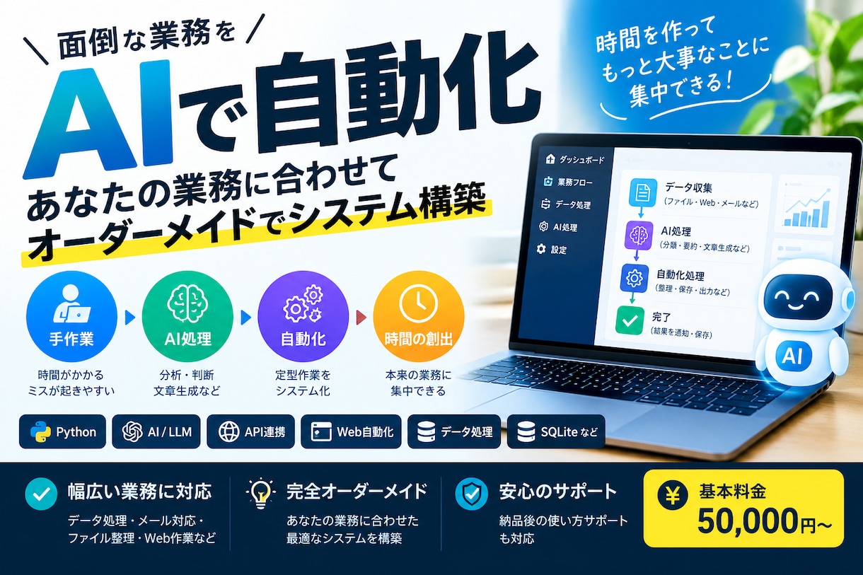 AIで業務の面倒な作業を自動化します Excel・Web・データ処理など幅広く対応 イメージ1