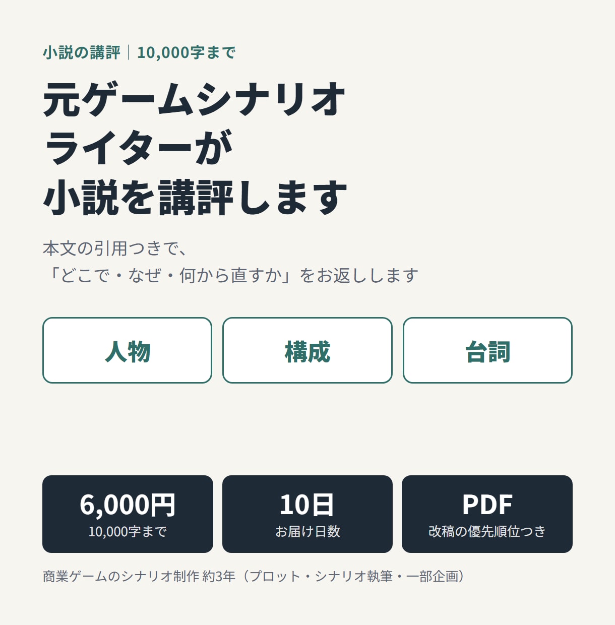 元ゲームシナリオライターが小説を講評します 人物・構成・台詞を読み、改稿で何から直すかまでお返しします イメージ1
