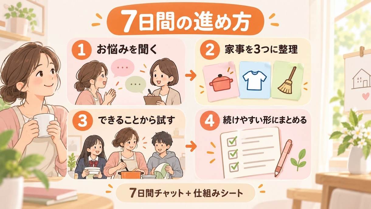 家事を一人で抱えない仕組みを一緒に整えます 今やる・やらない・家族に任せる家事を7日間チャットで整理 イメージ4