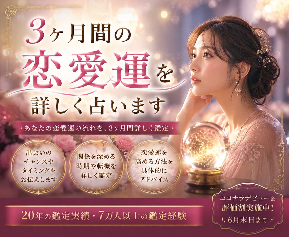 3ヶ月間の恋愛運を詳しく占います 運命を変える恋愛運アップ法を伝授。 イメージ1