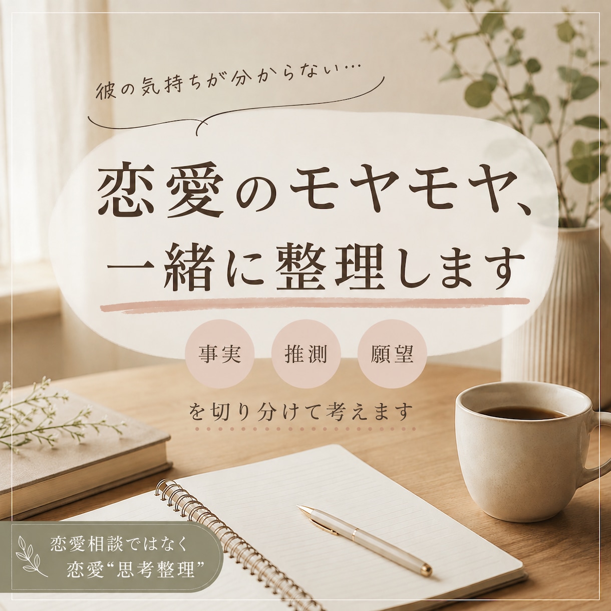 彼の気持ちが分からない… 恋愛のモヤモヤ整理します 脈あり・脈なしを決めつけず、 事実と感情を整理します イメージ1