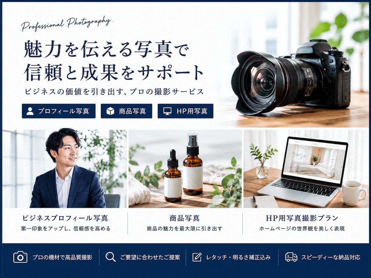 企業様向け、ビジネス撮影全般承ります ホームページ、SNS、会社案内など、魅力が伝わる写真を撮影！ イメージ1