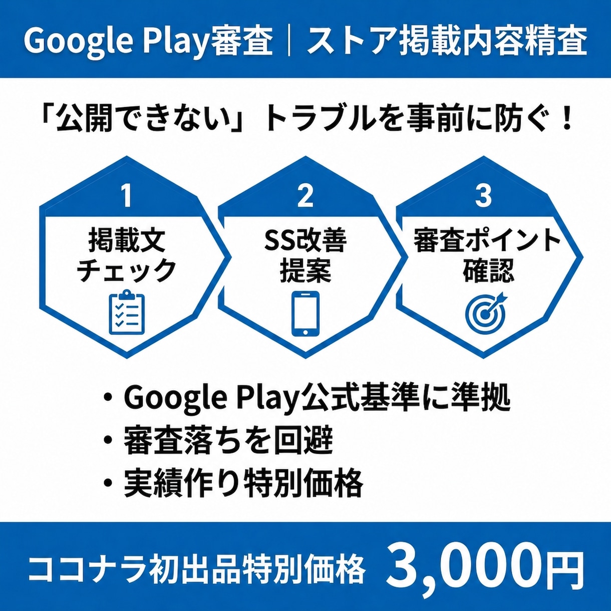 GooglePlay審査｜ストア掲載内容精査します 「公開できない」「審査が通らない」が不安な方に イメージ1