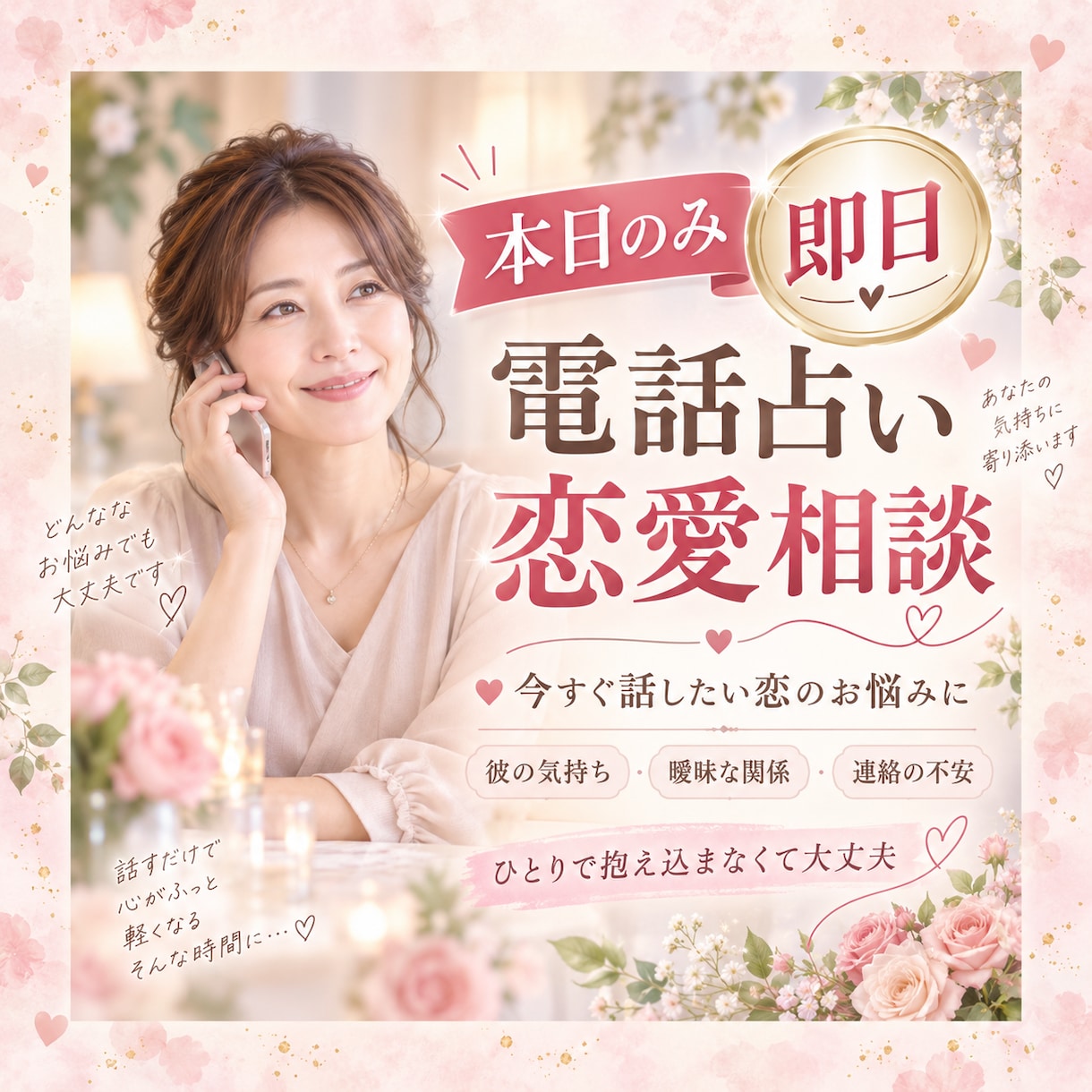 電話本日のみ即日対応｜恋愛のお悩みをお聞きします 彼の気持ち・連絡の不安など、今すぐ話したい時に イメージ1