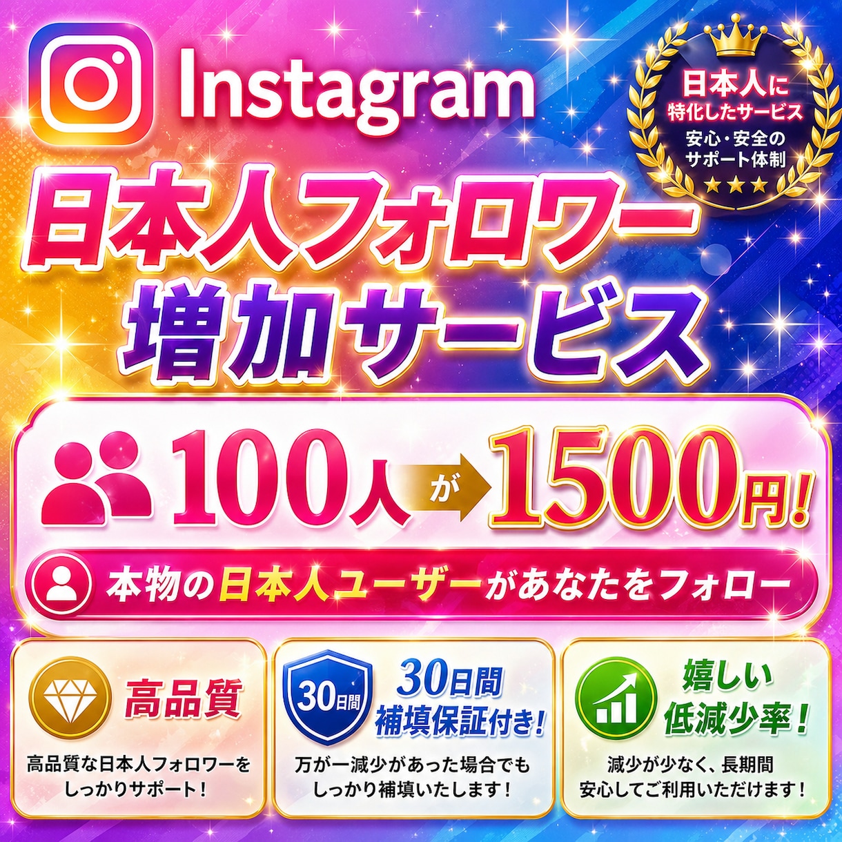 インスタの日本人フォロワーを100人増やします リアル日本人ユーザー主体の高品質サービス！ イメージ1