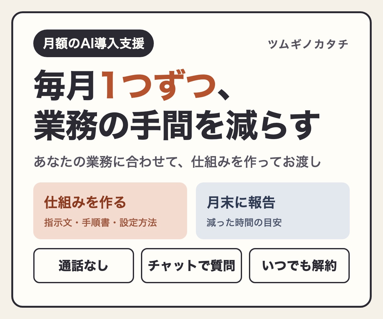 毎月1つずつ、あなたの業務にAIの仕組みを作ります 通話なし｜チャットで完結｜月末に減った時間を報告 イメージ1