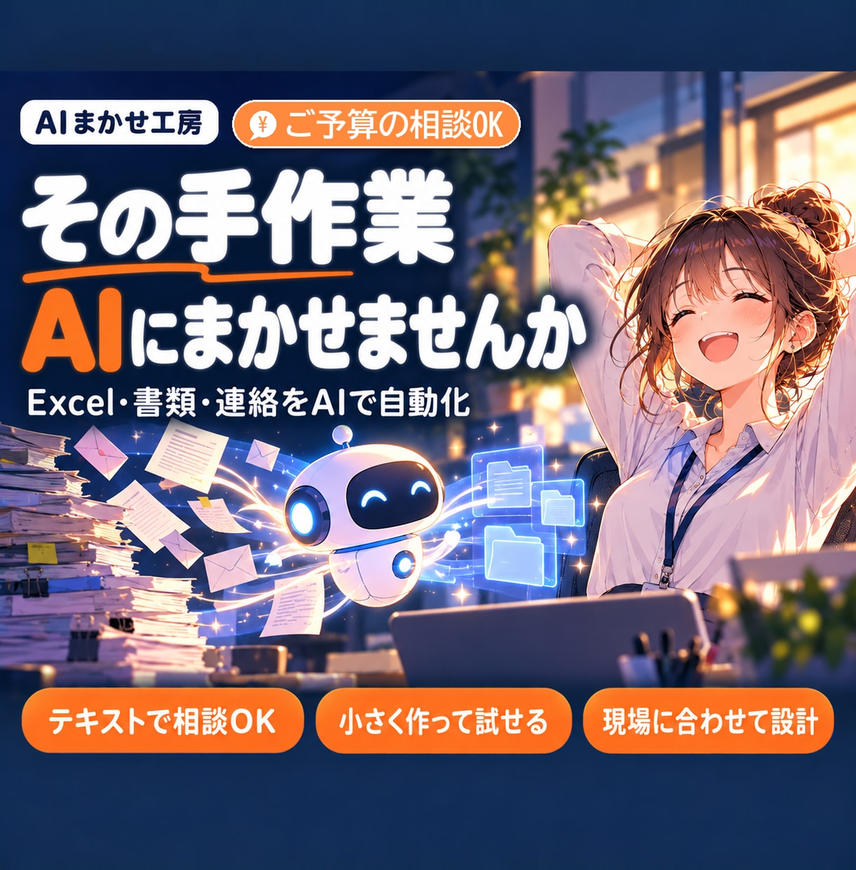 その手作業、AIにまかせる仕組みを作ります Excel・書類・連絡をAIで自動化。テキストで相談OK イメージ1