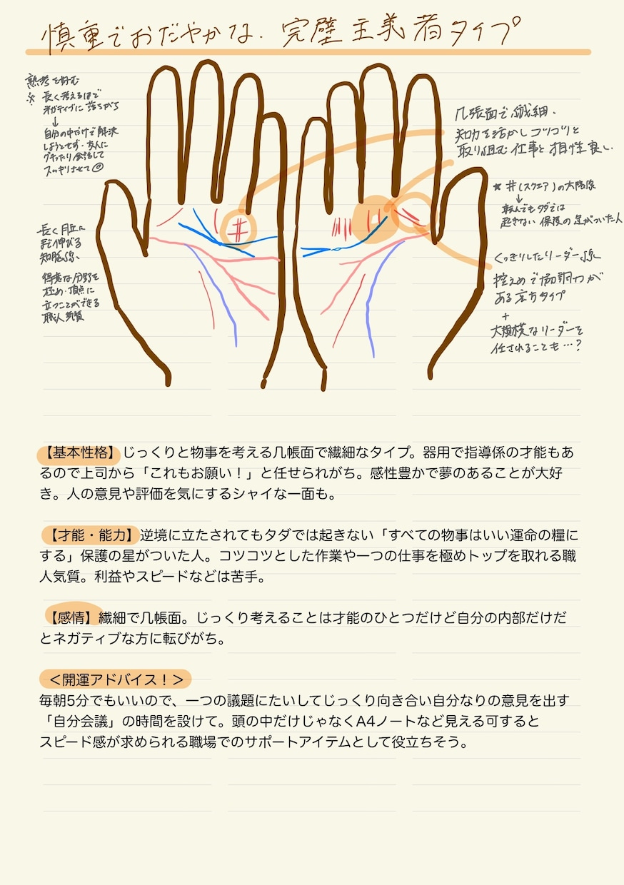 ゆるくてかわいい手相鑑定書をお渡しします 基本性格・才能・能力・感情・開運アドバイスを記します イメージ1