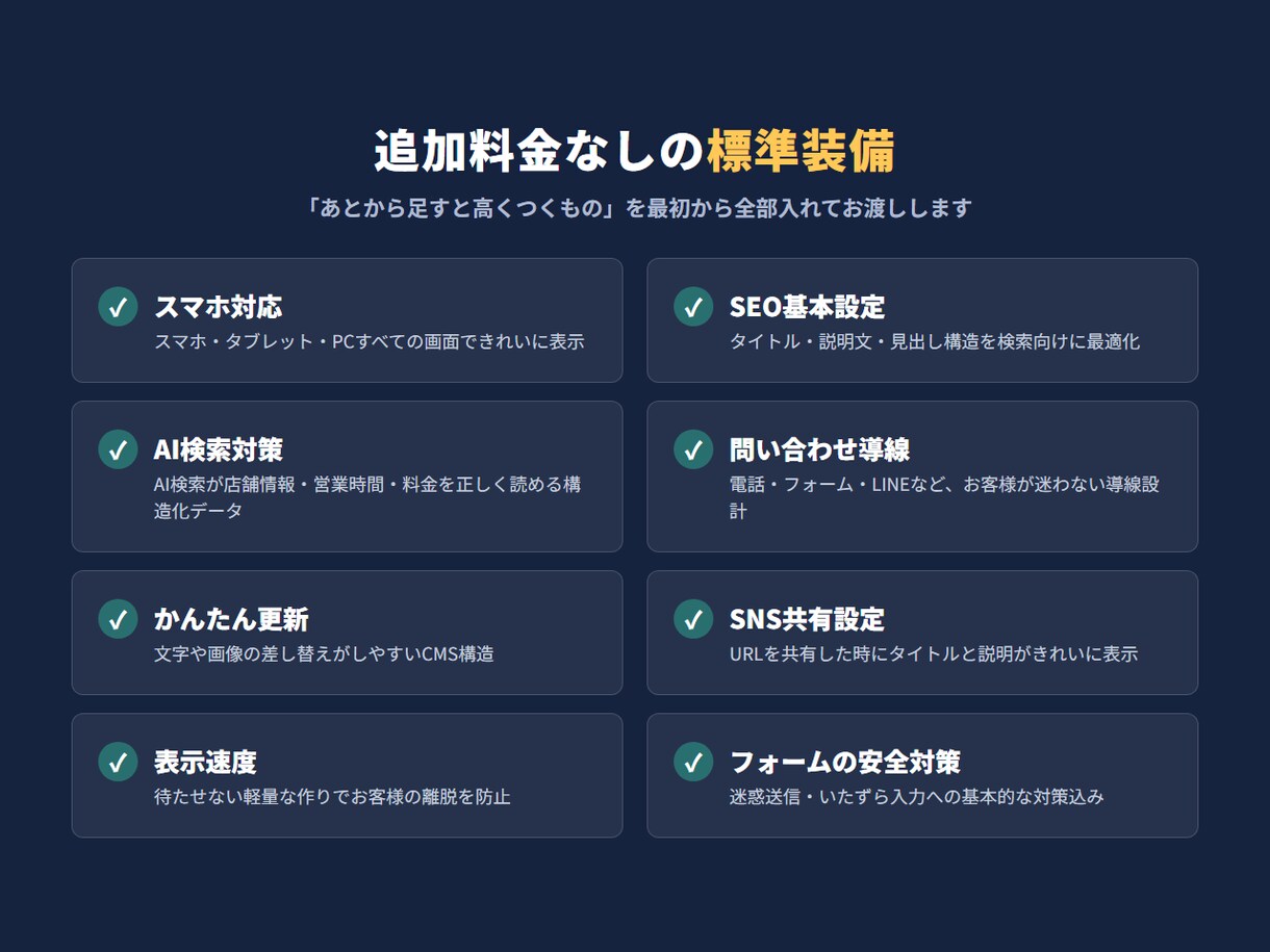 集客につながるホームページを制作します SEO・AI検索対策まで標準装備。10業種の制作例あり イメージ3