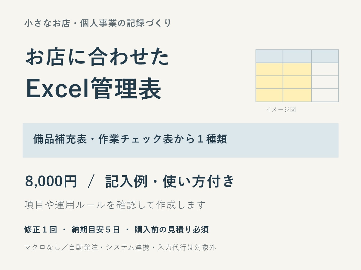 お店に合わせたExcel管理表を作ります 備品補充・作業チェックを、使う項目と記入例付きで イメージ1