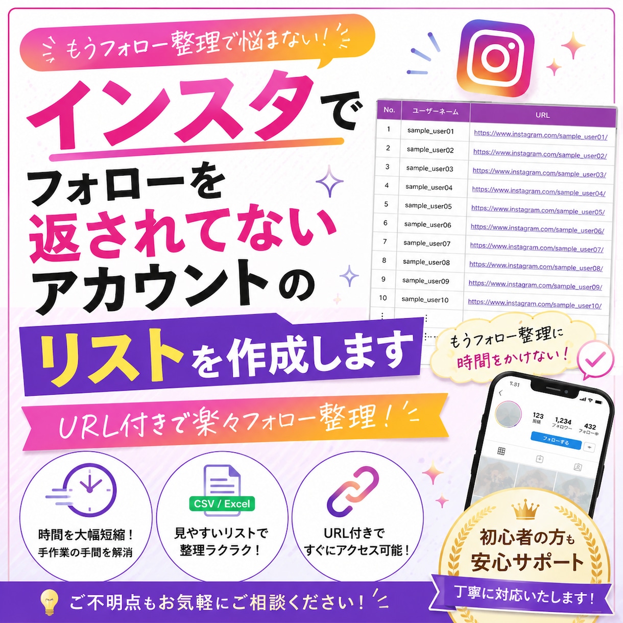 フォローを返されてないアカウントをリスト化します フォローを返されていないアカウントをURL付きで一覧化 イメージ1