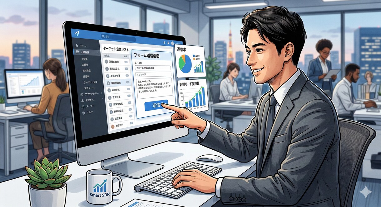ターゲットに最適化した文面のフォーム送信代行します 貴社に代わり、プロが自律的に新規リードを開拓します。 イメージ1