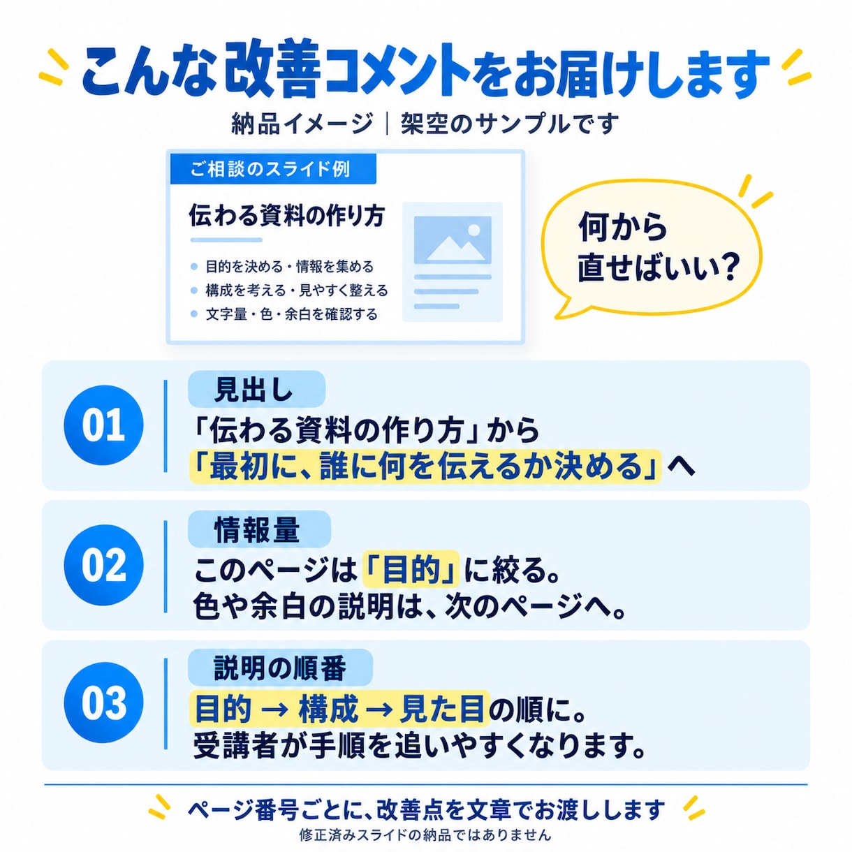 講師目線でセミナー・講義スライドを添削します 企業の講義資料を制作。改善点を文章で具体的にお届けします イメージ2