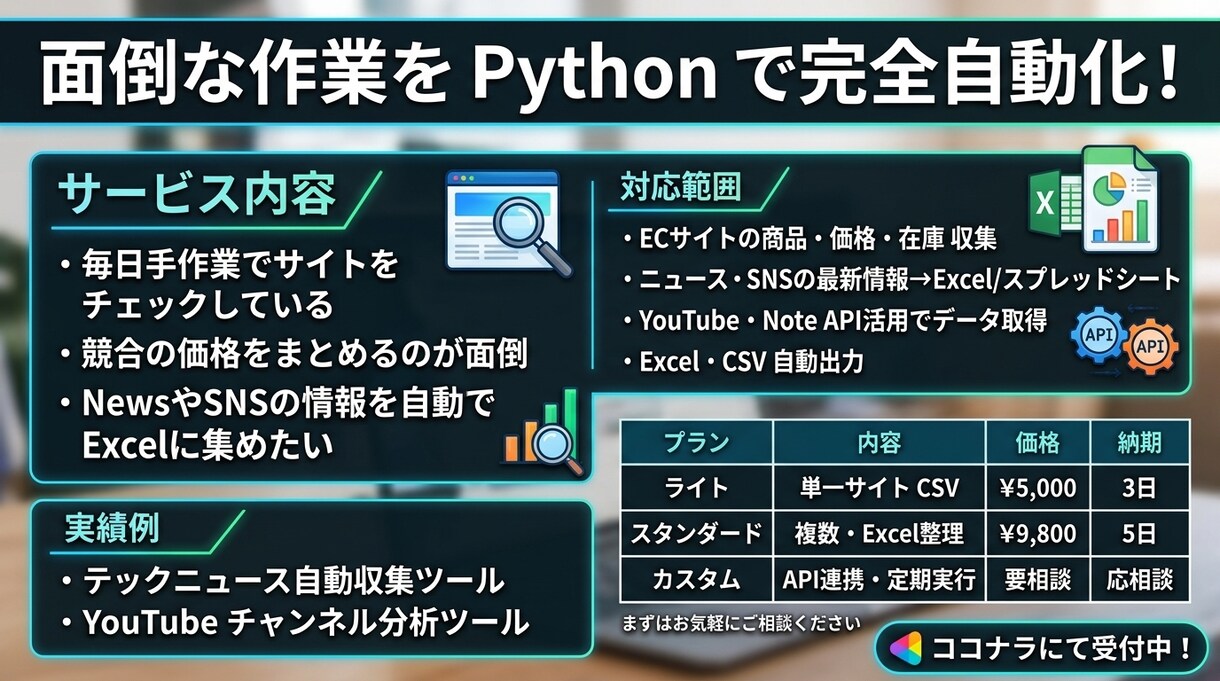 Pythonで価格・情報収集ツールを作ります EC・ニュース・API連携対応 イメージ1