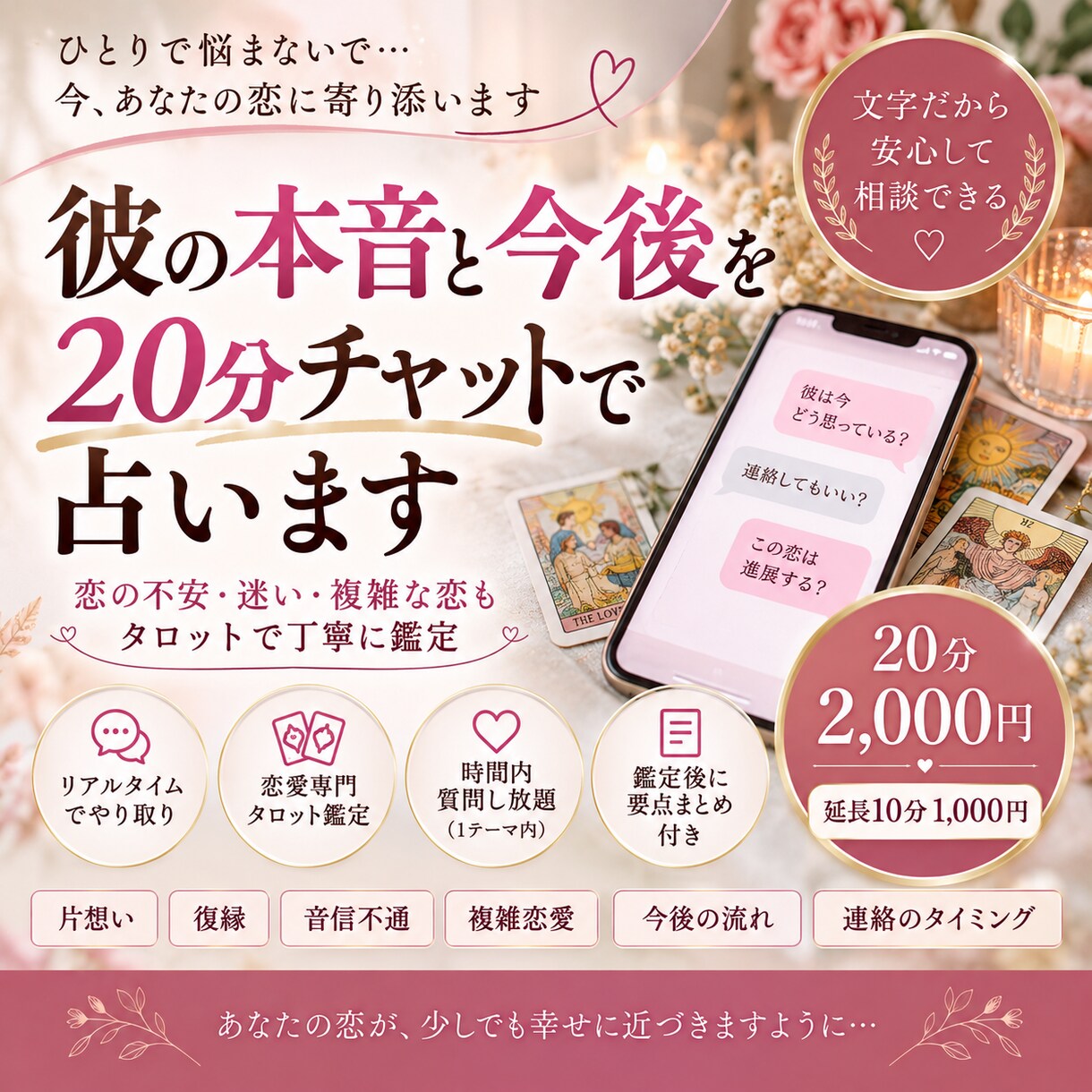 彼の本音と今後を20分チャットで占います 片想い・復縁・音信不通｜リアルタイムで質問しながら恋愛鑑定 イメージ1