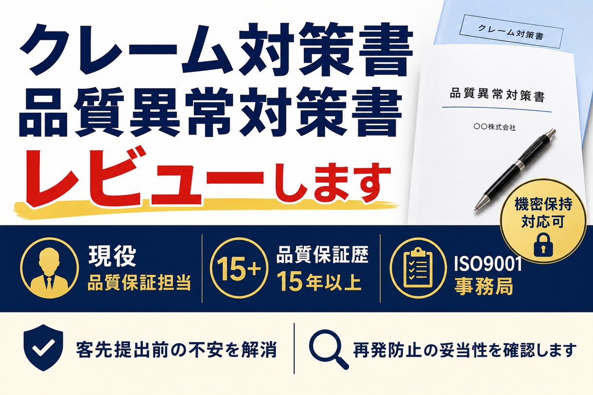 クレーム対策書・品質異常対策書などレビューします 品質保証歴15年以上ISO9001事務局現役品質保証 イメージ1