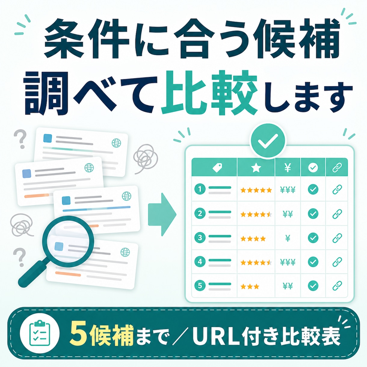 条件に合う候補を調べて比較しやすく整理します 何時間も検索する代わりに、判断できる比較表をお届けします イメージ1
