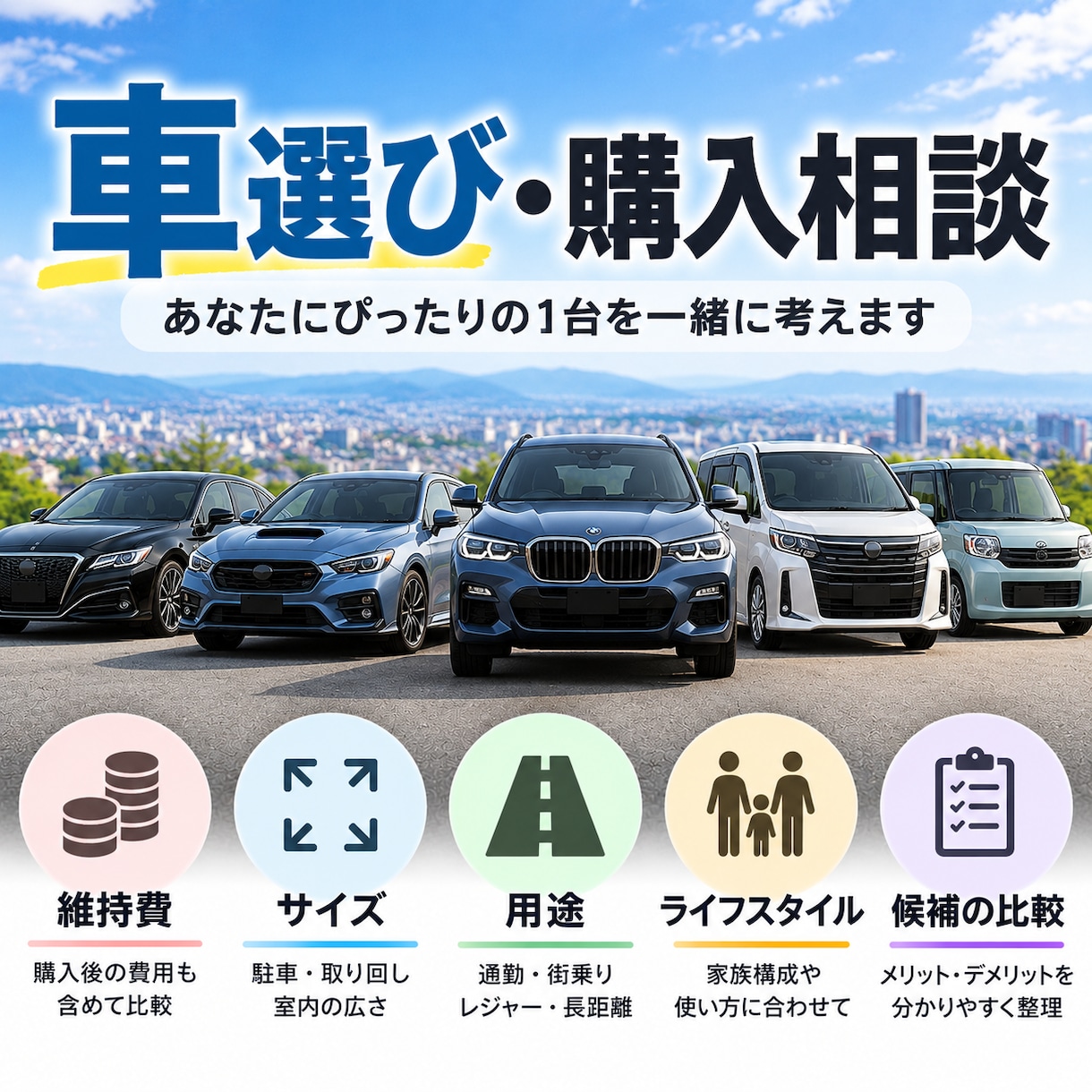 あなたに合った車選びをお手伝いします 用途・予算・好みから候補車を分かりやすく比較し、整理します イメージ1