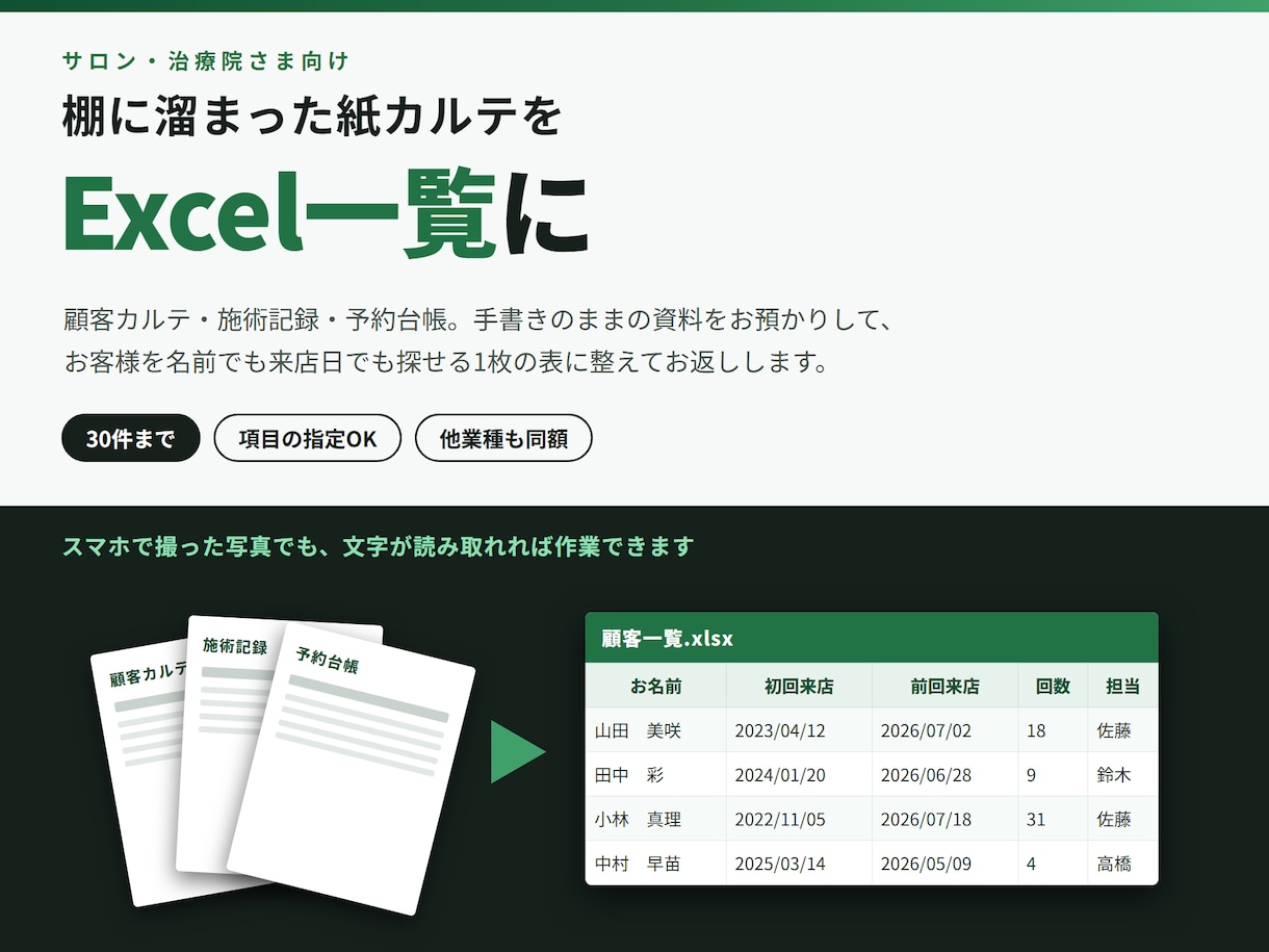 サロンの紙カルテをExcelにまとめます 顧客カルテ・施術記録・予約台帳の一覧表づくりを代行 イメージ1