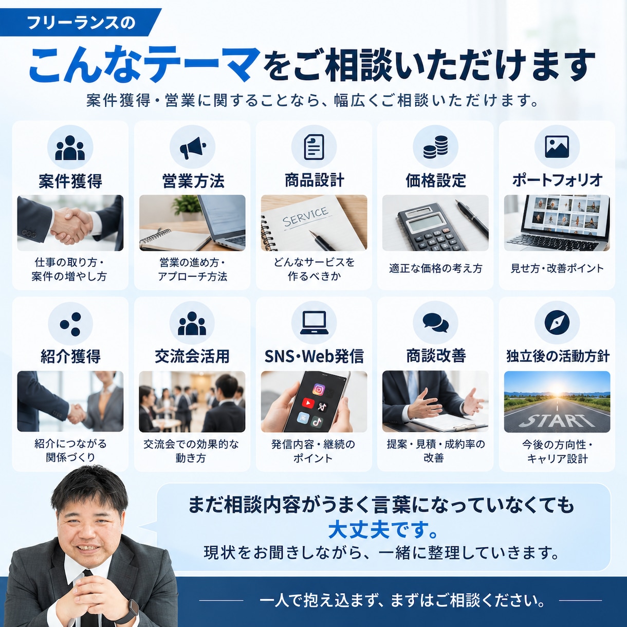 フリーランスの案件獲得・営業のお悩みを整理します 仕事が取れない原因を一緒に整理し、次にやることを明確にします イメージ7