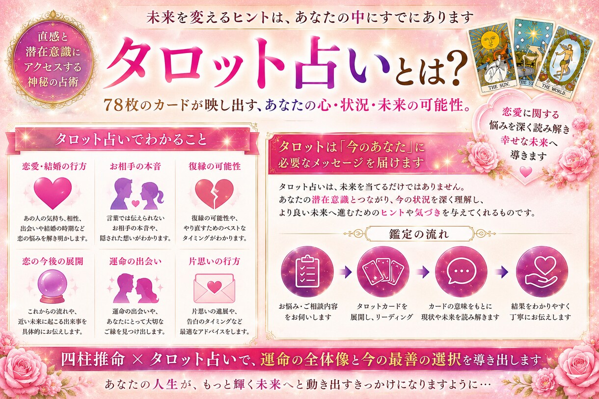 四柱推命×タロットで相手の本音を深く鑑定します 片思い・復縁・複雑恋愛も対応。恋の不安に寄り添う鑑定 イメージ3