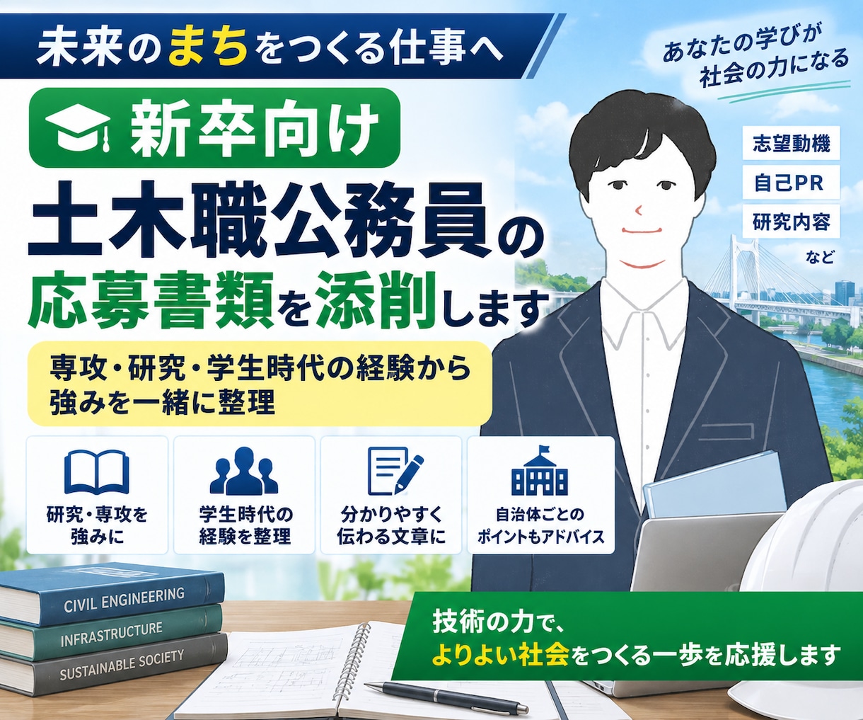 新卒向け！土木職公務員の応募書類を添削します 専攻・研究・学生時代の経験から強みを一緒に整理 イメージ2