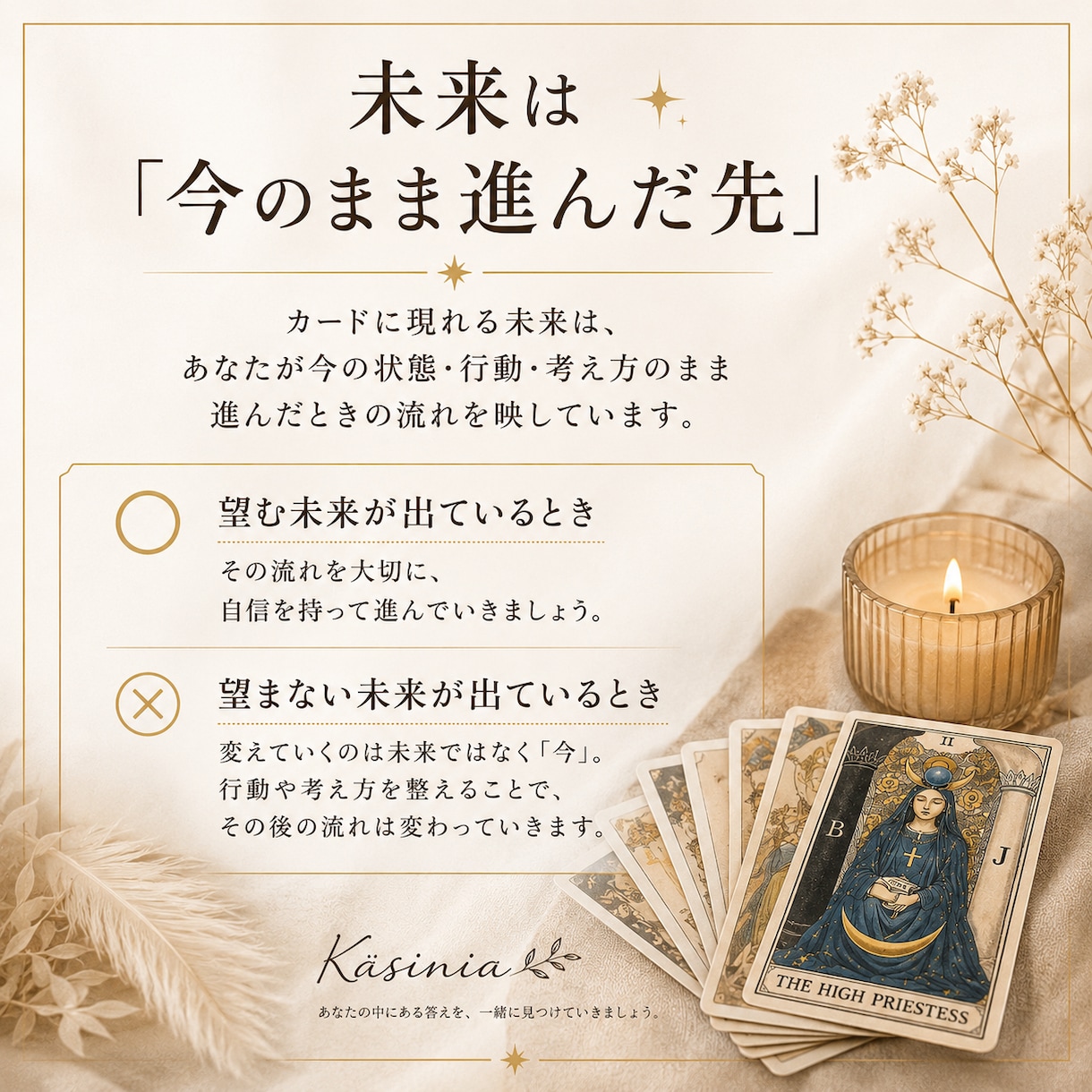 今のまま進んだ先をタロットで読み解きます 過去から現在をたどり、「今」の先に続く流れを読み解きます。 イメージ2