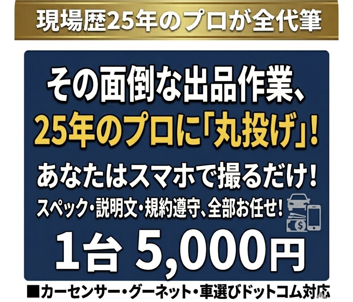 中古車の面倒な出品データをプロが丸ごと作成します カーセンサー・グー対応。25年の経験で入力の苦痛をゼロに イメージ1