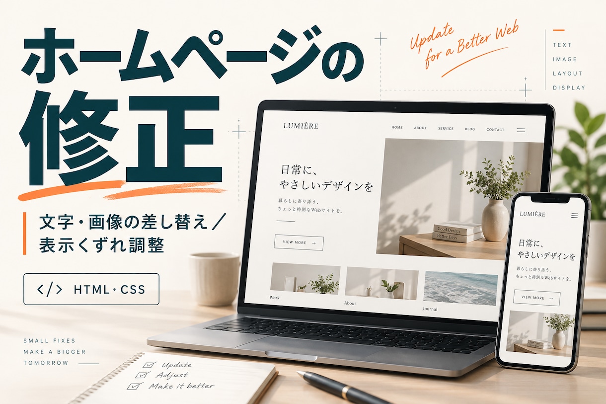 ホームページの文字・画像・表示くずれを直します 小さな更新も丁寧に。HTML・CSSの修正をお任せ イメージ1