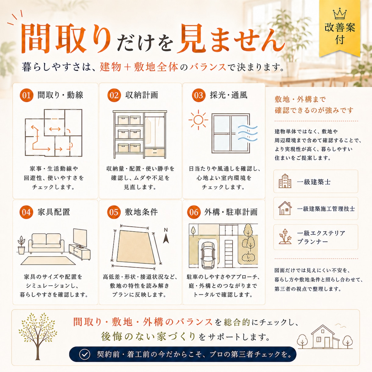 建築士の図面確認をしてきた建築士が間取り診断します 小さな見落としや違和感を、細部まで丁寧にチェックします イメージ3