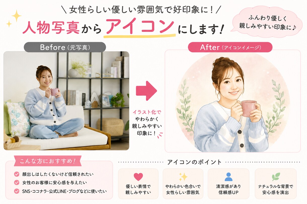 親しみやすいアイコン・似顔絵を作ります 第一印象・好感度をアップ！写真からSNSで惹きつけます！！ イメージ4