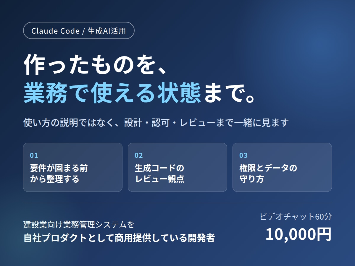 Claude Codeの開発を実務目線で伴走します 商用プロダクトを自作・販売する開発者が対応します イメージ1