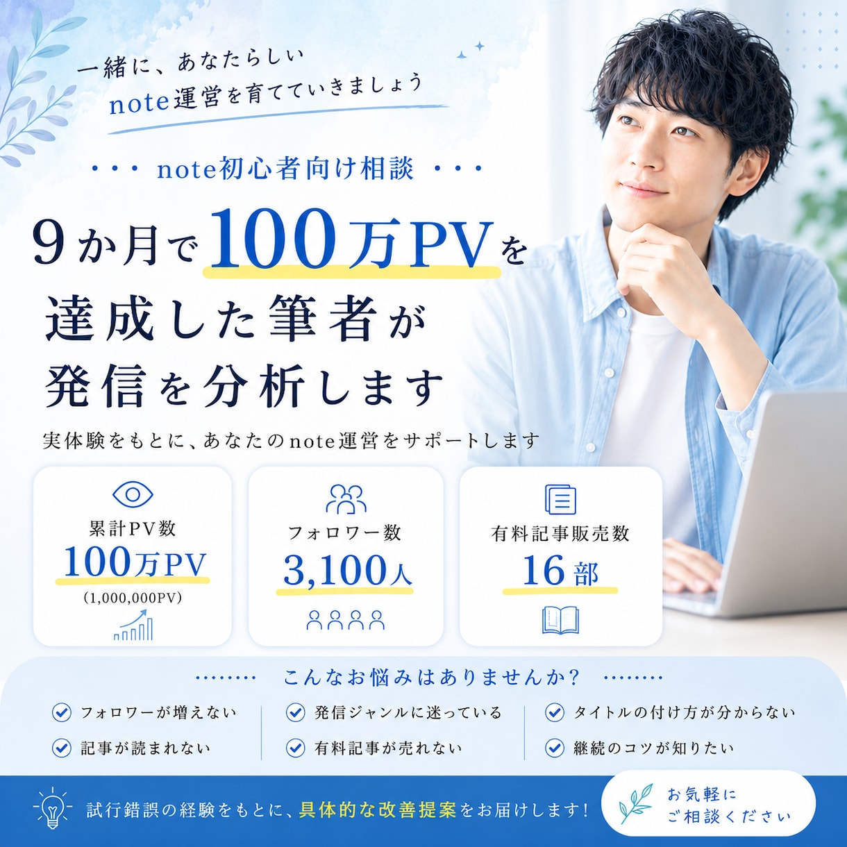 100万の筆者が有料noteの0→1まで伴走します 100万PV。16部｜noteの「売れない」を一緒に分析 イメージ1