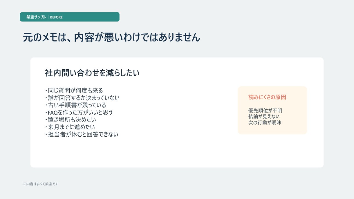 箇条書きや既存資料を見やすく整えます 内容はそのまま、伝わるPowerPointへ整えます イメージ6