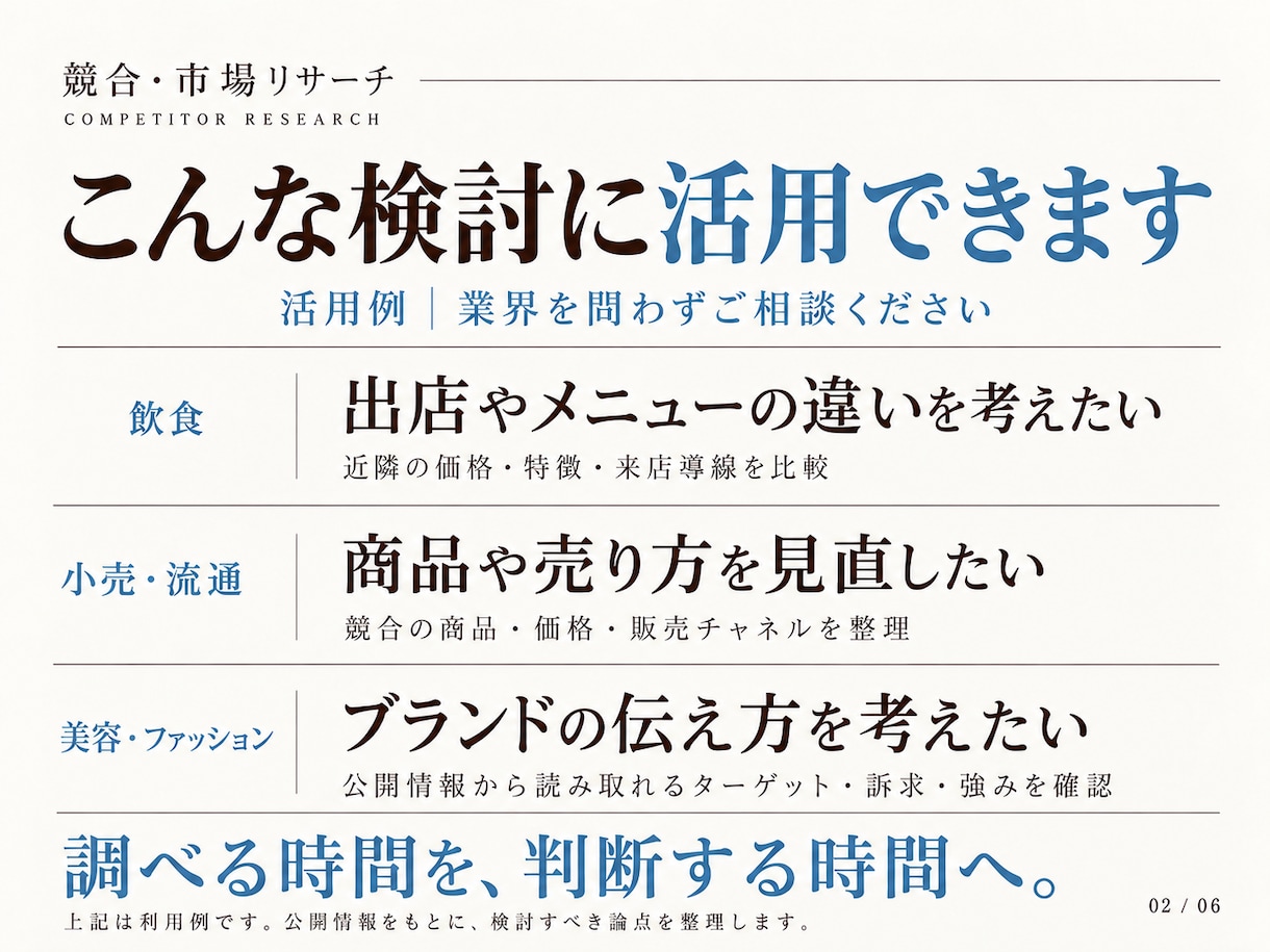 競合5社を調査し比較・差別化ポイントを整理します 価格・サービス・訴求を比較し、事業判断に使える形で整理します イメージ2