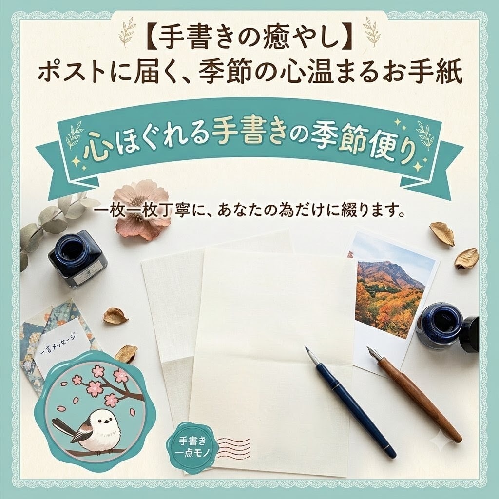 ポストに届く、季節のお手紙送ります 便箋2枚、ポストカード、小さいお手紙。心ほぐれる優しい時間 イメージ1