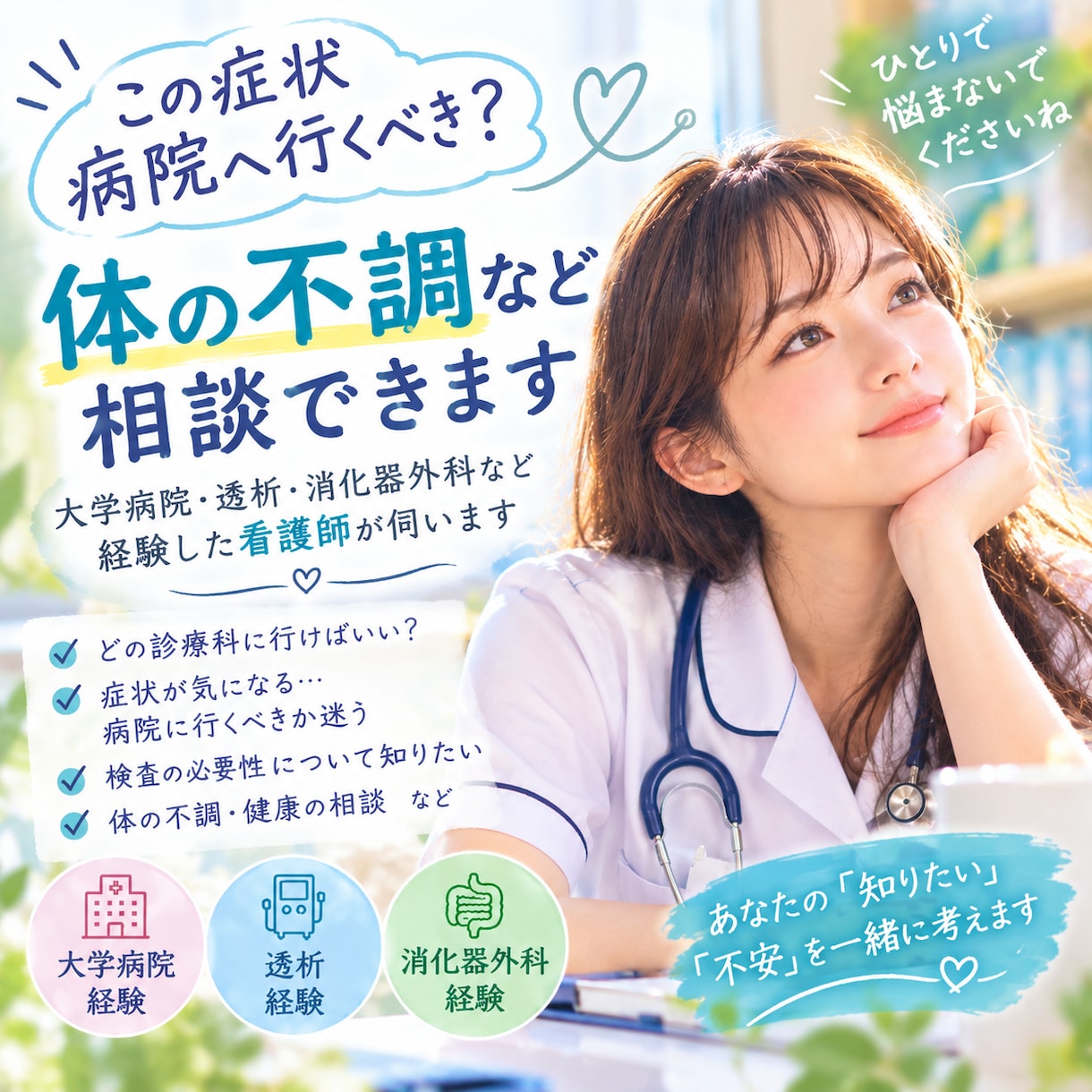 この症状、病院へ行くべきか一緒に整理します 大学病院など臨床経験20年の看護師が健康の不安を伺います イメージ1